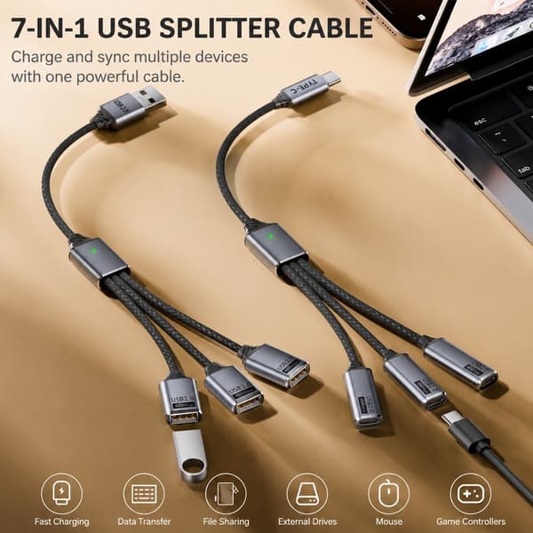USB 3-i-1 Splitterkabel, Flettet Aluminiumlegering, OTG Adapter Hub til Telefon Tablet PC, Grå