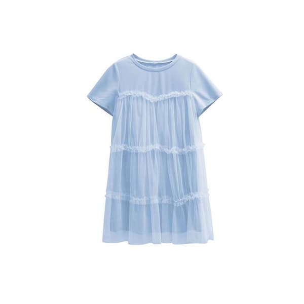 Mesh Panel Kvinner Sommer Elegant Rund Hals Kortermet Ensfarget Løse Kjoler White L