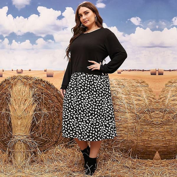 Plus Size Efterår Vinter O Hals Langærmet Strikket Patchwork Løs Kjole L-4xl Black XXL