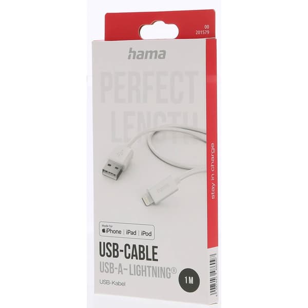 USB-A till Lightning-kabel, vit, 1m, snabbladdning och datasynkronisering för iPhone iPad iPod