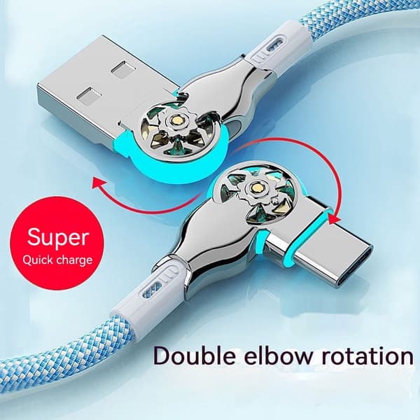 USB Type-C Dobbel Albue Svingbar Nylon Flettet Hurtiglading Datakabel, 2m, Blå, med Lys