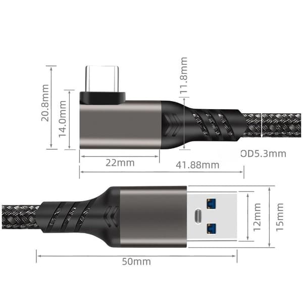 VR-datakabel USB-C vinklet 3m til Oculus Quest 2, LINK Streaming & kameraforbindelse