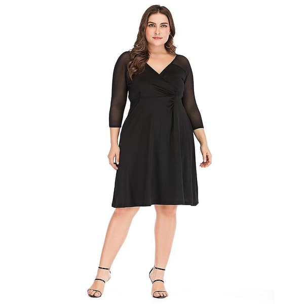 Höst V-ringad Plus Size Enfärgad Mesh Panel Långärmad Hög Midja Elegant Klänning Xl-5xl Black XL