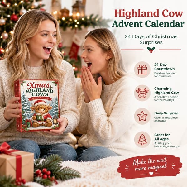 Highland Cow julkalender, 24-dagars nedräkningspresentask, PVC-dekoration