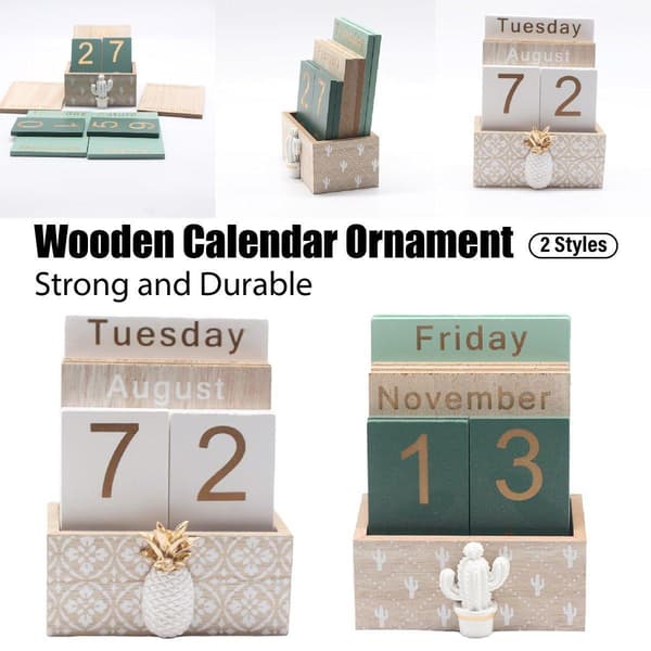 Rustik Trä Evighetskalender DIY Blockkalender Kontor Skrivbordsdekor Kaktus