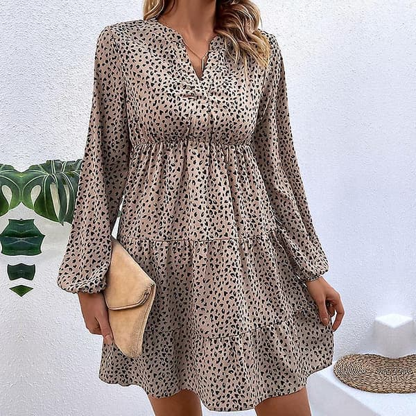 Vår Dam V-ringad Lykta Ärm Hög Midja Plisserad Leopard Klänning Khaki XL