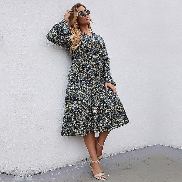 Höst V-ringning Långärmad Hög Midja All Match Blomstermönstrad Plus Size Chic Lång Klänning L-4xl Blue XL
