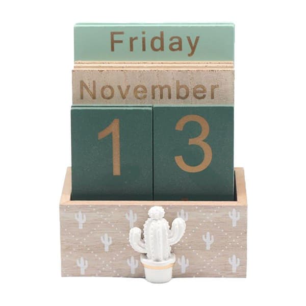 Rustik Trä Evighetskalender DIY Blockkalender Kontor Skrivbordsdekor Kaktus