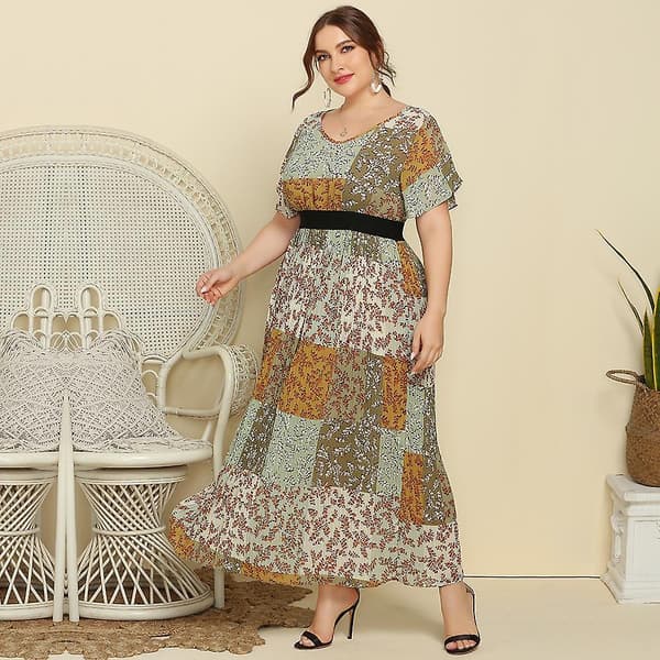 Vår Sommar Plus Size Dam Fly Ärm V-ringad Mode Sömnad Blommig Lång Kortärmad Klänning Blue XL