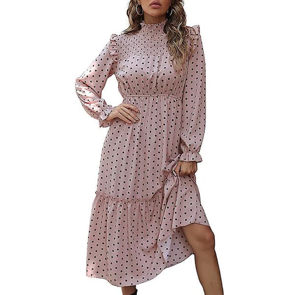 Kvinders Temperament Pink Langærmet Polka Dot Efterår Flæser Løs A-line Kjole Pink S