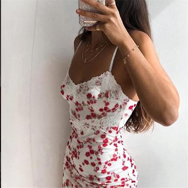 Sommar Spaghetti Strap Spets Dam Slim Tryck V-ringad Kort Blommig Klänning White XL