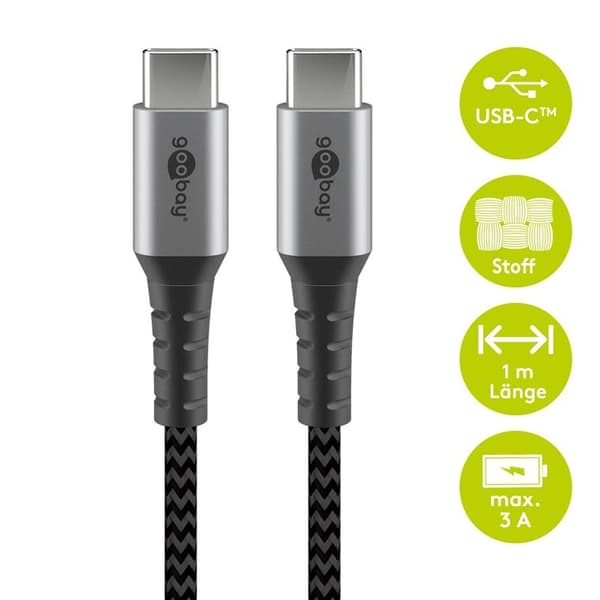 USB-C til USB-C flettet stoffkabel 1m, 60W hurtiglading, datasynkronisering, metallkontakter, svart grå