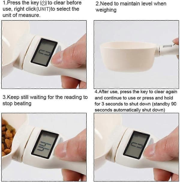 Sæt med 4 digitale måleskeer til dyrefoder 250 ml med LED-display