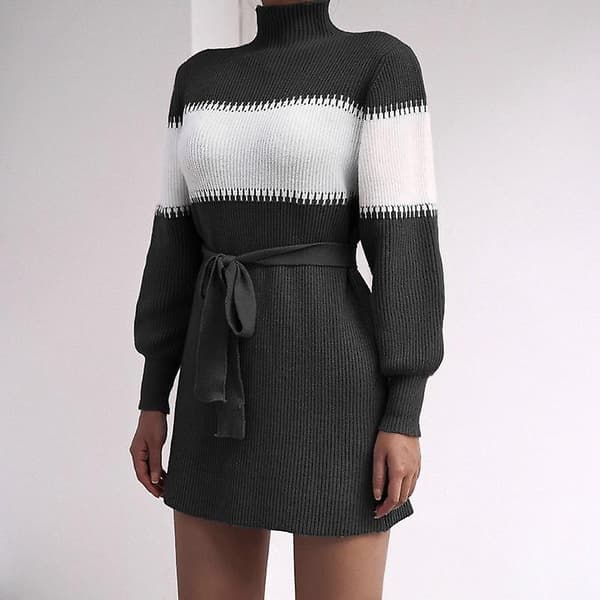 Vår Höst Patchwork Kort Stickad Klänning Dam Rak Halv Turtleneck Lång Ärm Hög Midja Bälte S-xl Gray XL