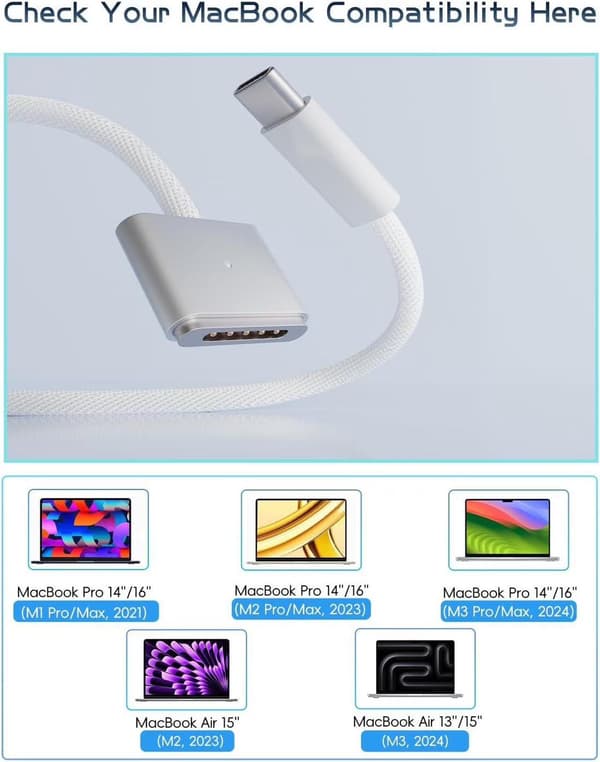 140W USB-C til Magnetic 3-kabel 2m, hurtiglading, kompatibel med MacBook Air/Pro