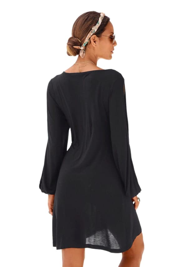 Dammode Casual V-ringad Långärmad Lös A-linje Strandklänning BLACK S
