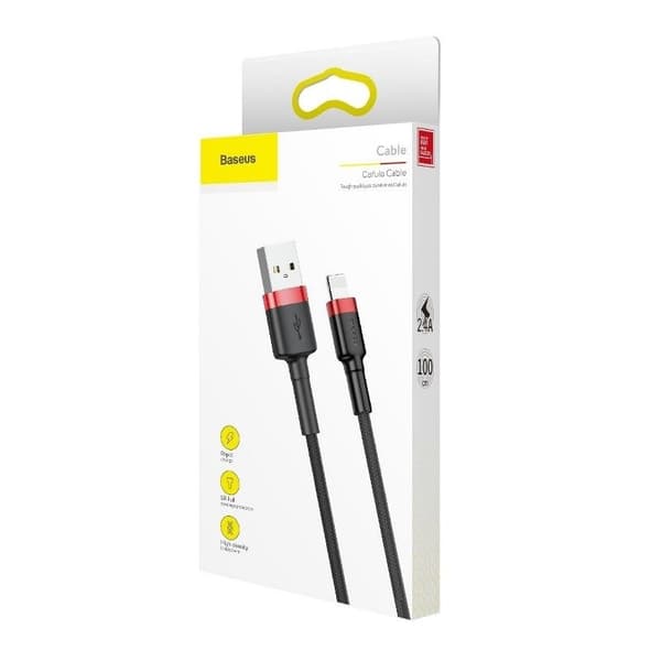 USB til Lightning-kabel, 2.4A hurtiglading, 1m, nylonflettet, rød og svart
