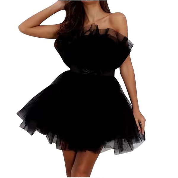 Tyllkjole for kvinner Ermeløs Kort Kjole Solid Mesh Prinsesse Ermeløs Festkjole Black 36