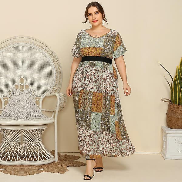 Vår Sommar Plus Size Dam Fly Ärm V-ringad Mode Sömnad Blommig Lång Kortärmad Klänning Green XL