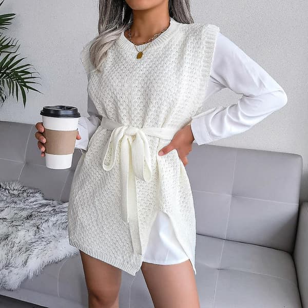 Kvinder Efterår Vinter Afslappet Snøre Vest Sweater Chic Strikket Kjole S-L Gray M