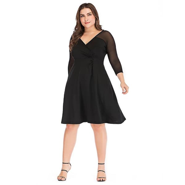 Höst V-ringad Plus Size Enfärgad Mesh Panel Långärmad Hög Midja Elegant Klänning Xl-5xl Black XL