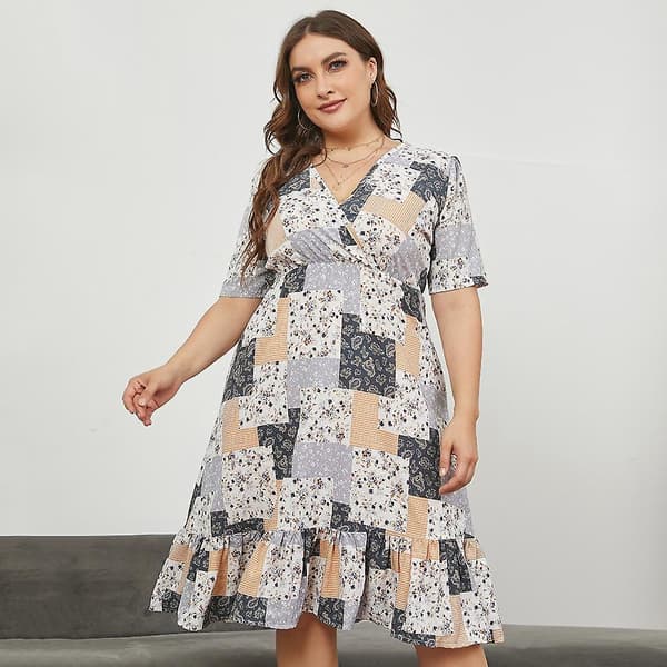 Dam Plus Size V-ringad Kortärmad Hög Midja Elastisk Chic Klänning Xl-5xl Yellow 4XL