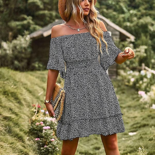 Off Shoulder Printet Dame Forår Sommer Sommerfugleærme Leopard A-line Modekjoler Beige S