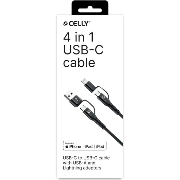 4-in-1 USB-C/USB-A - USB-C/Lightning-kaapeli, 60W PD, 2m, punottu nailon, musta