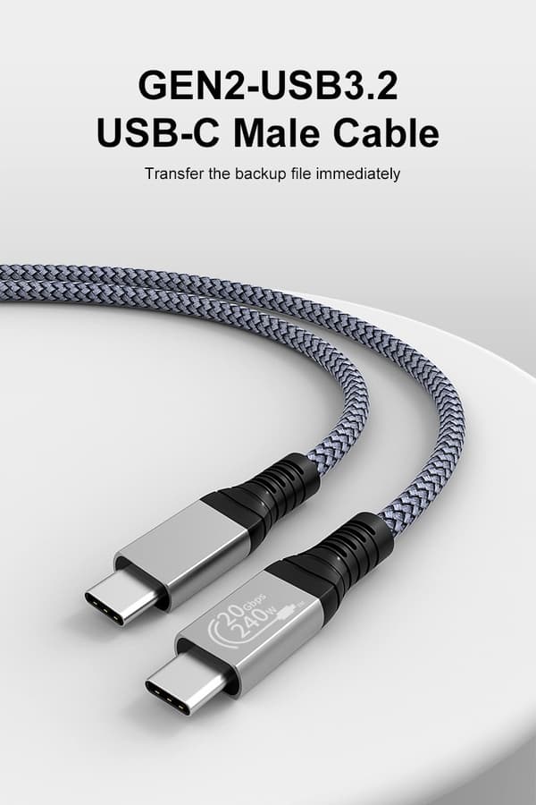 USB C-kabel 240W, USB 3.2 20Gbps, flettet nylon, 1m, grå sort