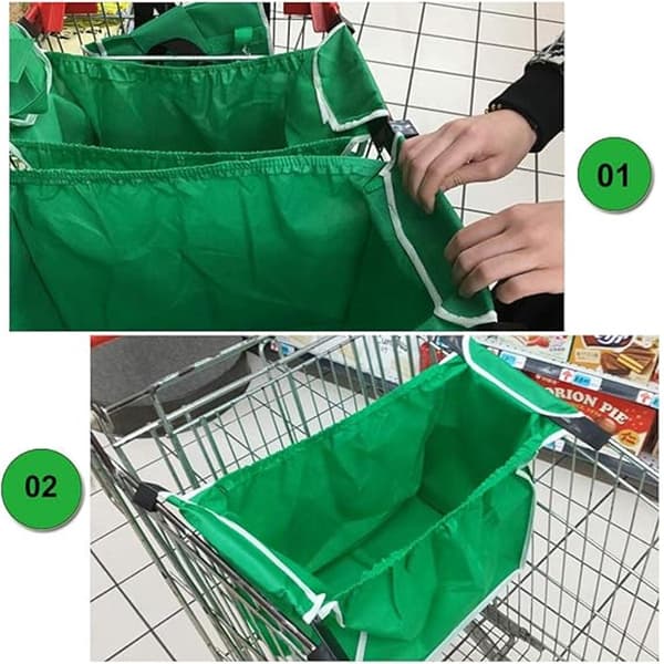 4 x gjenbrukbare handlekurvposer med klips, store sammenleggbare bærehåndtak