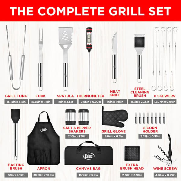30 stk grilltilbehør, for utendørsgrill med mattermometer, etui og forkle