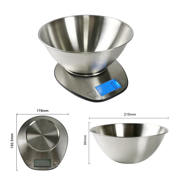 Multifunktionel køkkenvægt, 5 kg, LCD-display, skål i rustfrit stål