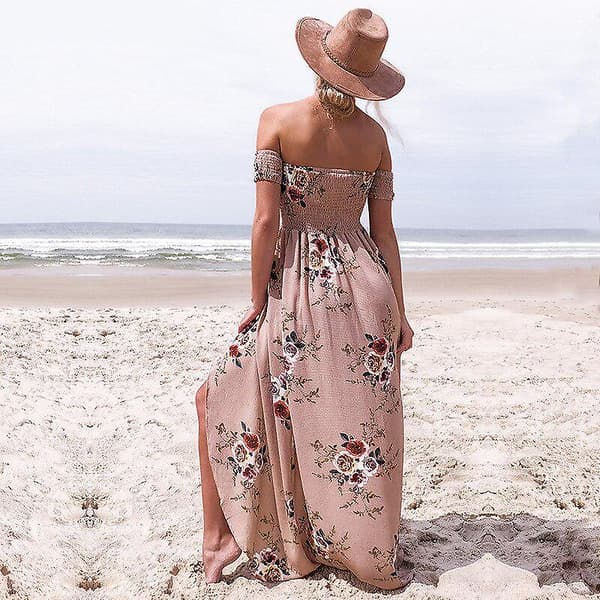 Lang Maxi Kvinder Off Shoulder Strand Sommerkjoler Blomsterprint Chiffon Pink S