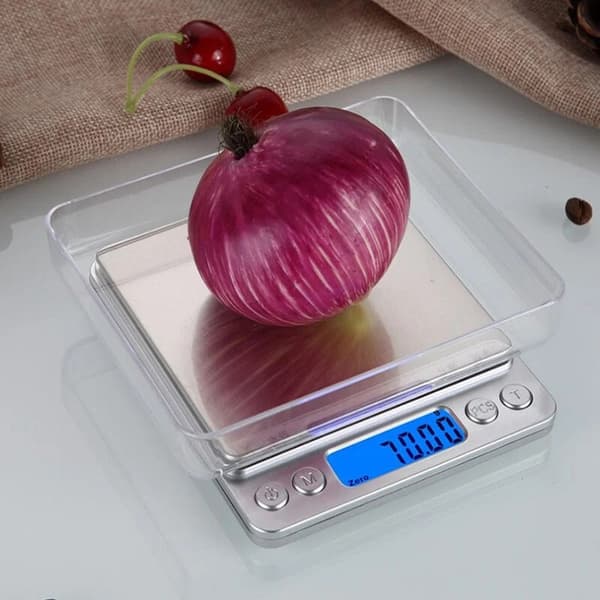 Genopladelig vægt 5 kg/1 g med platform i rustfrit stål