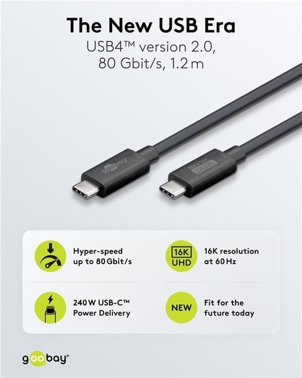 Certifierad USB-C-kabel, USB4 2.0, 1,2 m, svart, 240W, 120 Gbps, 16K, HDR
