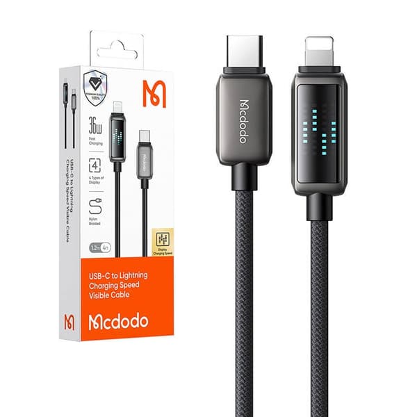 USB-C til Lightning-kabel, 36W hurtiglading, LED-skjerm, 1,2m, flettet nylon