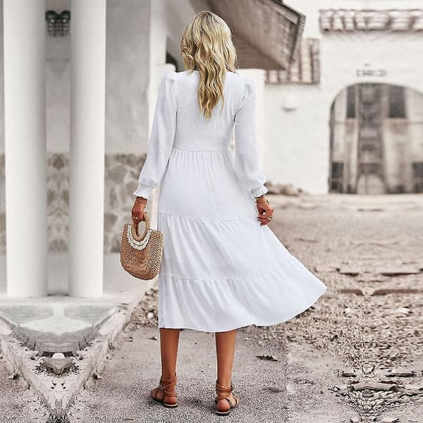 Temperament Elegant Enfärgad Vår Sommar Dam O-ringning Långärmad Chic Klänning Pink L