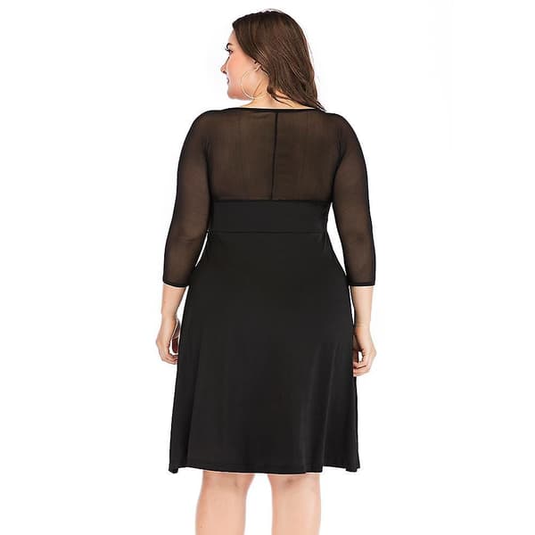 Höst V-ringad Plus Size Enfärgad Mesh Panel Långärmad Hög Midja Elegant Klänning Xl-5xl Black 4XL