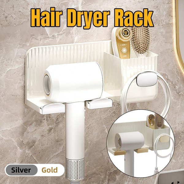 Hårfön Hållare Rack Plast Väggmontering Ingen Borr Badrum Organizer Förvaring Guld