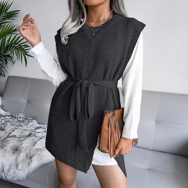 Kvinder Efterår Vinter Afslappet Snøre Vest Sweater Chic Strikket Kjole S-L Blue M