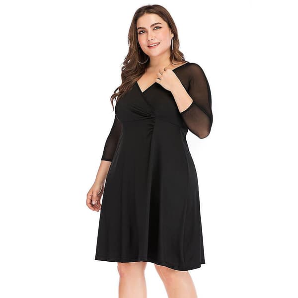 Höst V-ringad Plus Size Enfärgad Mesh Panel Långärmad Hög Midja Elegant Klänning Xl-5xl Black 4XL