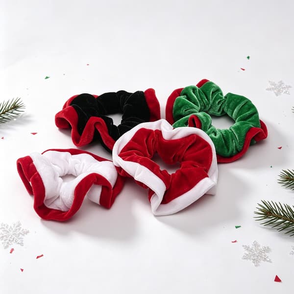 Julhårsnodd, tvåfärgad hårresår i sammet, grön röd, festaccessoar White scrunchie with red edges
