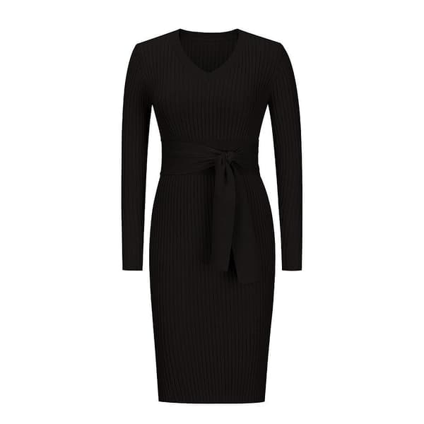 Kvinder Efterår Vinter Elegant Langærmet V-hals Slim Fit Slips Strikkede Kjoler Gray XL
