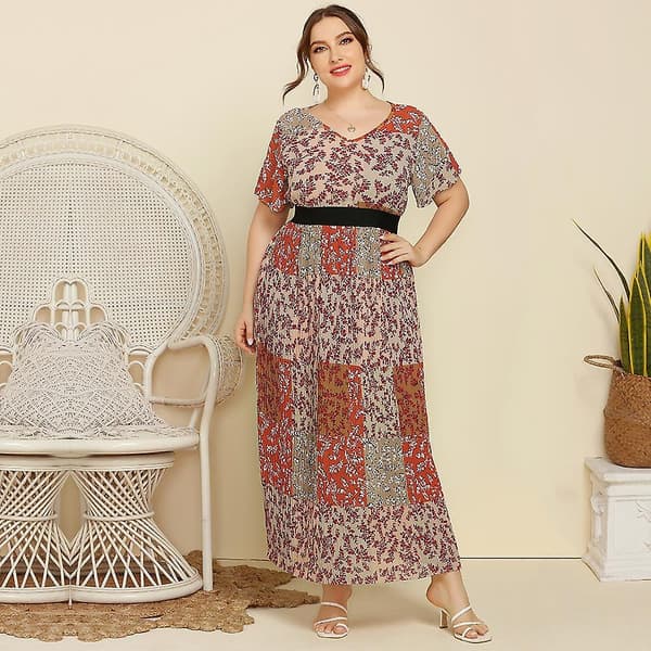 Vår Sommar Plus Size Dam Fly Ärm V-ringad Mode Sömnad Blommig Lång Kortärmad Klänning Blue XL