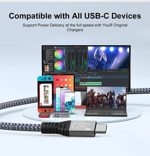 USB C -kaapeli 240W, USB 3.2 20Gbps, punottu nailon, 1m, harmaa-musta