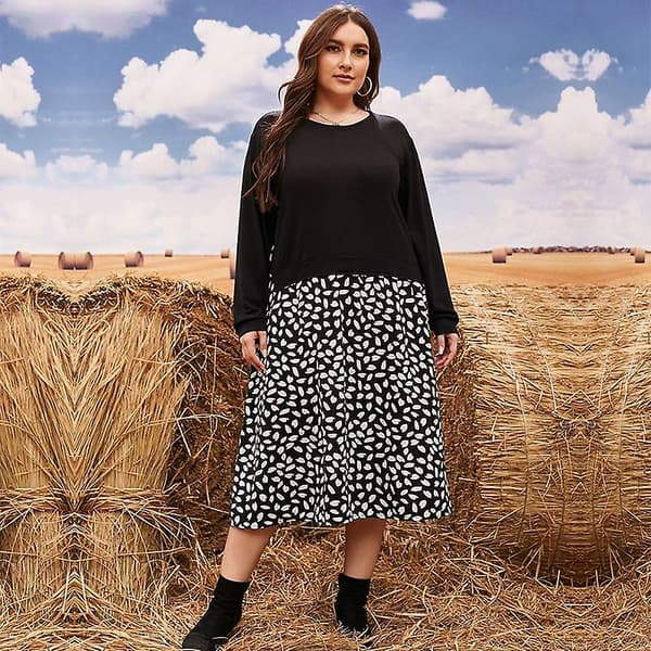 Plus Size Höst Vinter O-ringning Långärmad Stickad Patchwork Lös Klänning L-4xl Black XXL