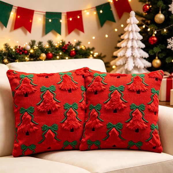 Julepude med plys-sløjfe, 45x45 cm kvadratisk, hvidt træ med rød sløjfe, sofapynt 45x45cm 2-Pack, White Tree Red Bow