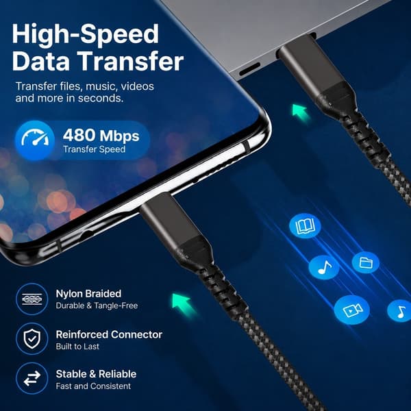 USB-C till USB-C-kabel 100W PD 5A, Svart 2m, Nylonflätad Snabbladdning
