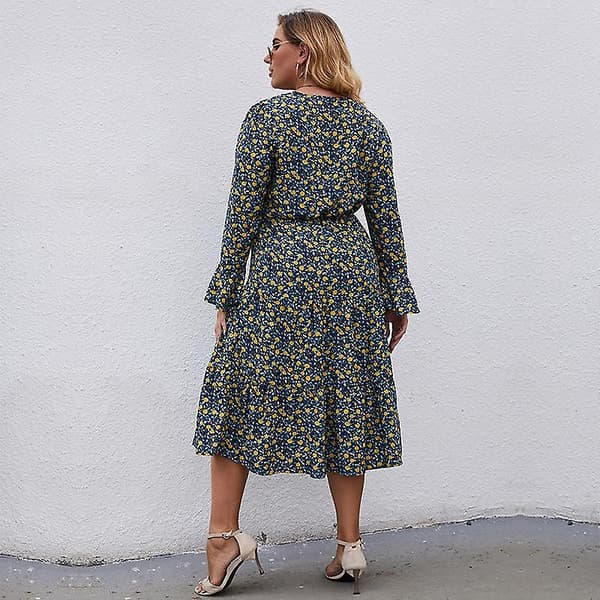 Höst V-ringning Långärmad Hög Midja All Match Blomstermönstrad Plus Size Chic Lång Klänning L-4xl Blue 4XL