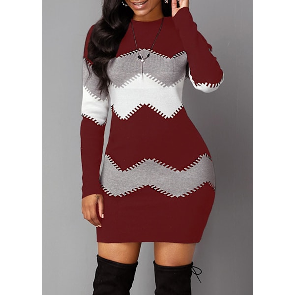 Dame Zigzag Strikket Kjole WINE  RED S